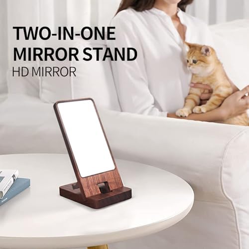 Wood Phone Stand with Mirror, Desktop Wooden Phone Holder, Portable Office Phone Stand for Desk, Wood ipad Stand， Compatible with iPhone & All Cell Phones(Walnut with Mirror) - Image 4