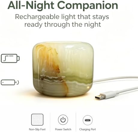 Natural Marble Lamp Cordless Touch Control Night Light 3-Way Dimmable Pat Light LED Ambient Glow Lamp Type-C Rechargeable Portable Stone Bedside Desk Lamp Zen Home Decor (Emerald Green) - Image 5