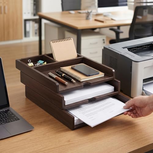 Solid Wood Desk Organizer 3-Tier Stackable Letter Tray Walnut Mail Sorter - Image 2