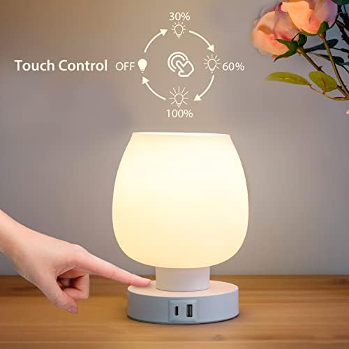 Touch Bedside Table Lamp - Small Lamp for Bedroom with USB C+A Charging Ports 3 Way Dimmable, Nightstand Desk lamp with White Opal Glass Lamp Shade Warm LED Bulb Included, Simple Design Gifts - Image 2
