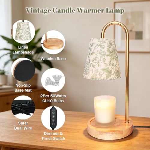 Candle Warmer Lamp with 2 Bulbs Timer Dimmer Green Botanical Linen Lampshade Table Lights Mothers Day Birthday Gifts for Women Her Mom House Warming Aesthetic New Home Modern Room Decor - Image 4