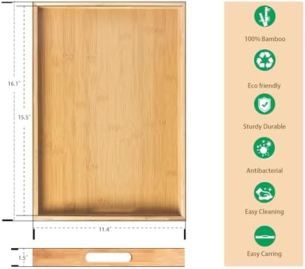 Krismax Serving Tray with Handles, Bamboo Breakfast Tray Wooden Trays Decorative Serving Platter for Eating, Working, Storing, Used in Bedroom, Kitchen, Living Room, Bathroom, Hospital and Outdoors - Image 2