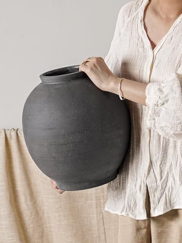 Black Ceramic Vase - Large 12.5 Inch Round Floor Vase for Centerpieces, Farmhouse Flower Vases, Rustic Minimalist Home Decor,Sandstone Dark Grey - Image 4