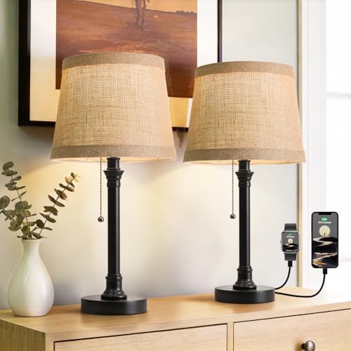 Oneach 19.5" Small Table Lamps Set of 2 for Living Room Bedroom, USB A+C by Oneach