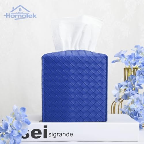 HOMOTEK 2 Pack Tissue Box Cover, Square PU Leather Tissue Holder, Decorative Facial Tissue Cube Paper Organizer Dispenser for Bathroom, Night Stands, Desk, Car 5X5X5'' - Woven Waffle,Blue - Image 5