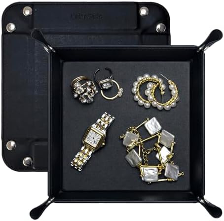 UnionBasic Small Valet Tray, Jewelry Tray for Rings Watches Earrings, Entryway Catchall Caddy for Coins Keys Change, Nightstand Bedside Valet Holder, Trays for Electronic Gadgets, Black by UnionBasic