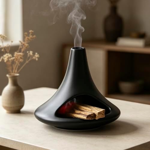 Ceramic Palo Santo Holder Matte Black, Chiminea Shape Mini Smudge Bowl Burner with Ash Catcher for Incense Cones & Candles, Palo Santo Sticks, for Meditation, Yoga, Cleansing Ceremony, Handmade by Losneg