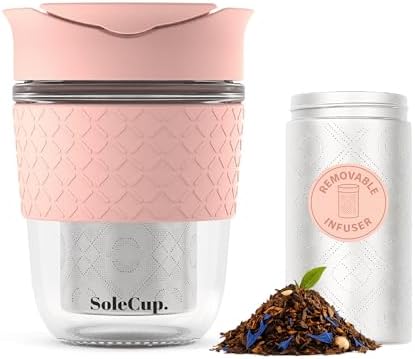 Travel Mug Loose Tea Infuser - Detachable Tea Strainer with Spillproof Lid - BPA-Free Reusable Glass Travel Coffee Cup with Silicone Band (Pink, 12oz) by SoleCup