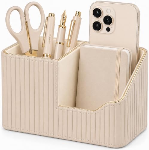 KINGFOM Luxury PU Leather Desk Organizer for Office Accessories, Aesthetic Pen Holder for Desk, Modern Desktop Storage Organizer for Women Home Office Supplies, Beige with Gold Trim by KingfomLeatherHomeOfficeDecor
