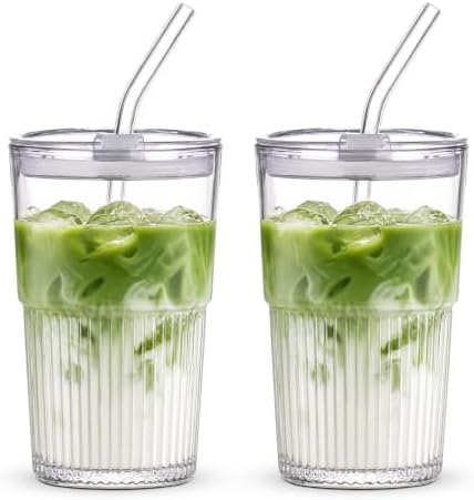 16oz/470ml Ribbed Glass Iced Coffee Tumbler with Lid and Straw, Thick-walled Clear Drinking Glass Cups for Cold Brew, Matcha, Smoothies, Leak-Resistant BPA-Free Travel Mug-2PACK by Unknown