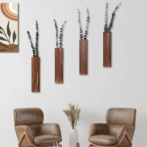 Wooden Wall Planter Set of 4 - Modern Home Decor for Living Room, Bedroom, Bathroom - Walnut Finish Planter for Dried Flowers, Faux Greenery, Indoor Plants - Image 5
