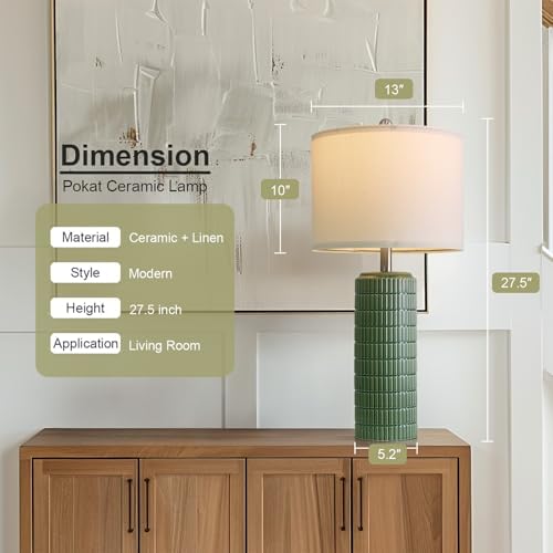 PoKat 27.5" Dark Green Ceramic Table Lamps for Living Room, Farmhouse Table Lamps Set of 2 for Bedroom Night Stands, Modern Bedside Lamps for End Side Table, Vintage Nightstand Decor Lamps Home Office - Image 2