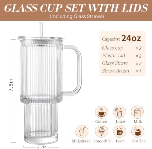 Iced Coffee Cups with Lids 2Pcs: Ribbed Glass Tumbler with Straw and Lid 24oz - Coffee Bar Accessories - Glass Cups and Tumblers with Lids and Straws - Tumbler Leak Proof - Coffee Tumbler with Handle - Image 2