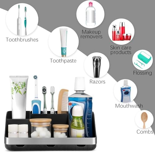 GFWARE Black Toothbrush Holder - 7 Slots Bathroom Organizer Countertop with Drainage Matte Black Electric Toothbrush and Toothpaste Holder for Bathroom Accessories Sink Storage - Image 5