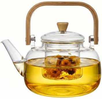1000ml (33.8oz) Borosilicate Glass Teapot with Wooden Handle, Stovetop Safe Clear Tea Kettle with Removable Glass Infuser for Blooming Tea & Loose Leaf Tea by Unknown