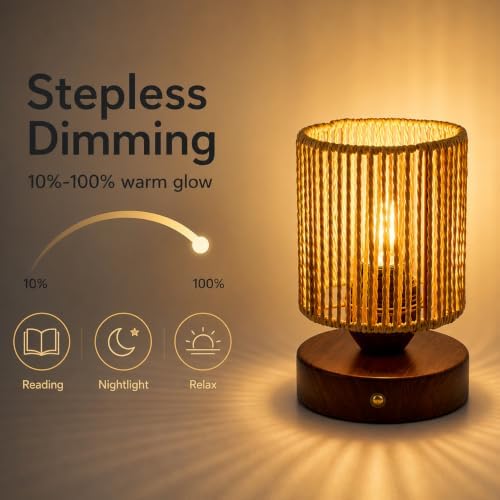 Cordless Rattan Table Lamp, 5000mAh Rechargeable Battery Operated Bedside Lamp with Edison Bulb, Stepless Dimmable Boho Cylinder Desk Light for Bedroom Living Room - Image 3