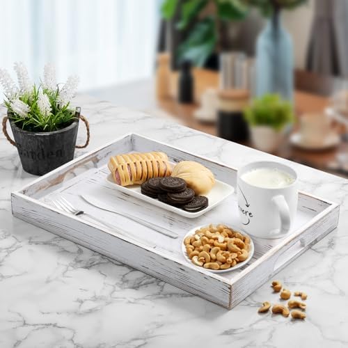 17 Inch Rustic White Serving Tray with Handles - Large Wooden Tray for Ottoman, Breakfast in Bed, Dinner, Coffee Table - Decorative Rectangular Tray for Living Room Bedroom Entryway and Kitchen Decor - Image 3
