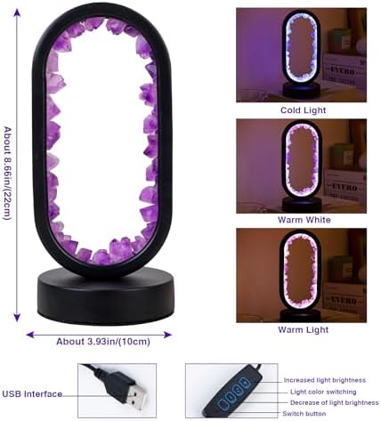 Runyangshi Crystal Lamp - Amethyst Tooth Ellipse Night Light with USB Port, 3 Colours Mode Table Lamp for Bedroom, Bedside, Office, Home Decor, Gift - Image 2