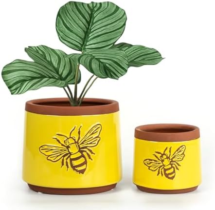 YBX Terracotta Pots Inch with Drainage Holes, Bee Decor, Ceramic Pots for Indoor Plants Flower Pots Outdoor, Succulent, Herbs, Snake Plants (Yellow, 6+4 Inch) by YBXYIBOXUAN