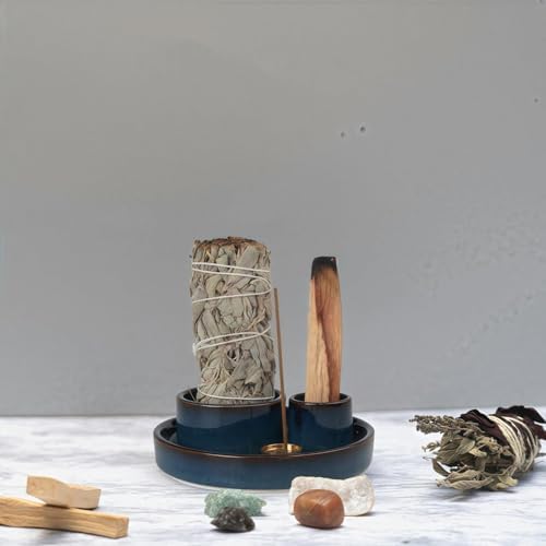 4 in 1 Incense Holder, Ceramic Incense Stick and Palo Santo Holder,Sage Holder for Burning- 4.25" Ceramic Ash Catcher Tray for Meditation and Yoga Room (Blue) - Image 2