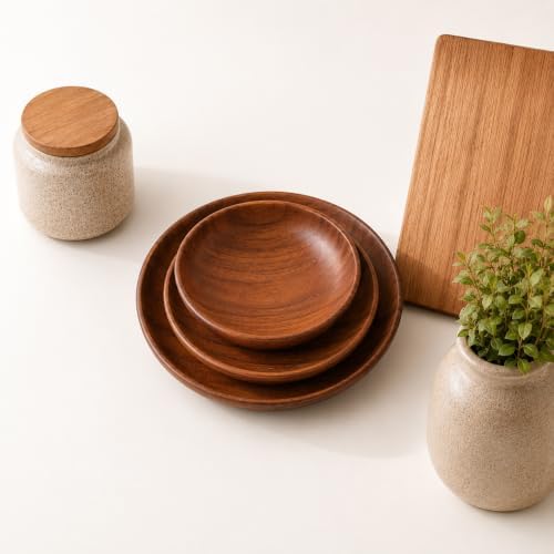 Handcrafted Walnut Wood Serving Plates - Set of 3 Stackable Round Wooden Trays - 7, 6, 4 Inch Food-Safe Plates for Charcuterie, Snacks, Sushi, desert plate, Jewelry Dish & Minimalist Home Decor by HerthHomeProducts