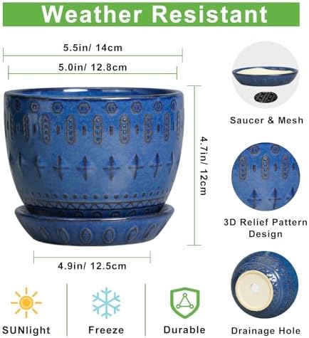 G EPGardening Plant Pot 5 Inch, Ceramic Planter for Indoor Plants, Blue - Image 3