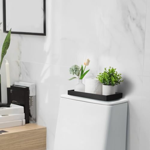 ALELION 13" Bathroom Vanity Tray for Counter - Black Wood Tray for Toilet Tank Makeup Perfume Jewelry Catchall Coffee Table - Wooden Kitchen Countertop Organizer for Soap Dispenser - Image 3