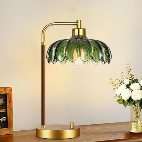 ILLMTW Vintage Table Lamp for Bedroom Living Room,Small Bedside Lamps Dimmable Bedroom Lamp with Glass Green Flower LampShade,Mid Century Modern Mini Nightstand Lamp Gold Boho Side Table Lamp - Image 4
