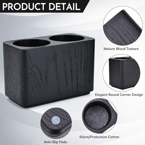 Oak Solid Wood Pen &Pencil Holder for Desk, Office Stationery Organizer, Table Pencil Cup Stand,Desk Accessories Holder, Two Cups Practical Design. (Char Black) - Image 5