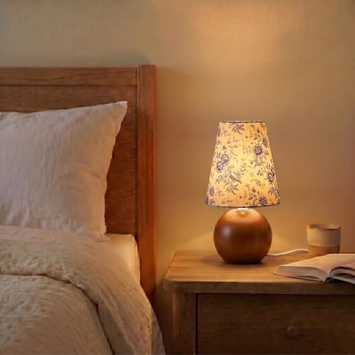 Vintage Wooden Night Lamp, Wood Base Fabric Lampshade, Adjustable Light Color and Brightness with Power-Off Memory, Safe USB Powered, Retro LED Table Light for Bedroom Living Room Office (BlueFlowers) - Image 5