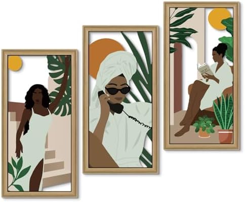 Putuo Decor 3Pcs Black Girl Wall Art, African American Artwork Framed Bathroom Wall Decor for Fashion Women Lady Girl, Boho Abstract Prints for Living Room Bedroom Bathroom,16.5 x 8.6 inch by PUTUODECOR