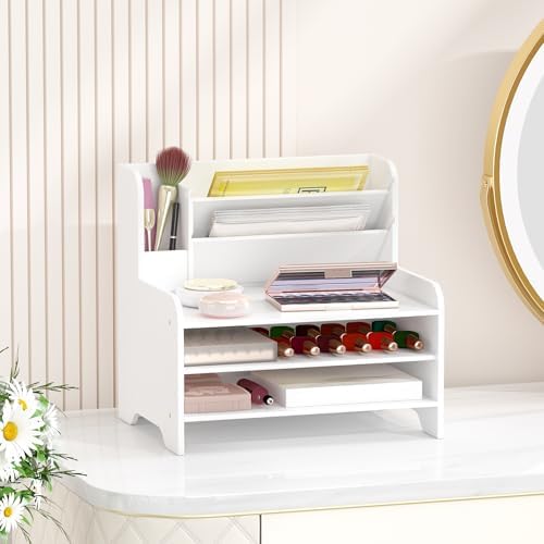 Bamboo File Organizer for Desk, Paper Tray with Pen Holder-White - Image 4