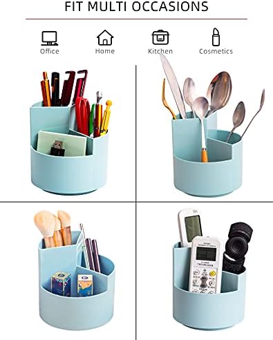 Desk Pencil Pen Holder, 3-Slot 360 Spinning Desk Organizer, Cute Pencil Cup Pot for Office, School, Art Supply - Blue - Image 5