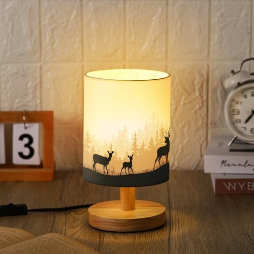 VIHOSE Bedside Table Lamp Table Lamp Vintage Nightstand with Linen Fabric Shade Solid Wood Base Decoration for Kids Living Room Bedroom Desk Dorm(Watercolor Forest Deer,Green) - Image 3