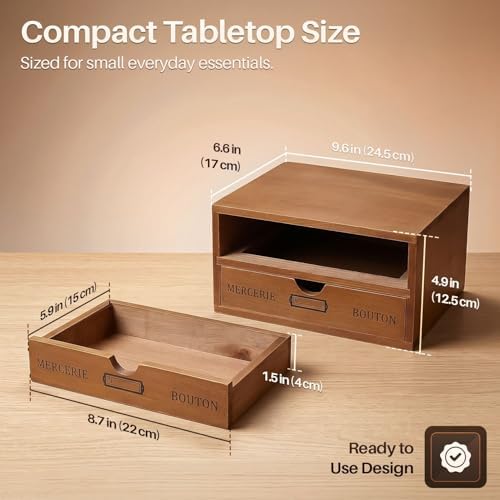 Flexzion Wooden Storage Box with 2 Drawers, Vintage Desktop Organizer - Image 6