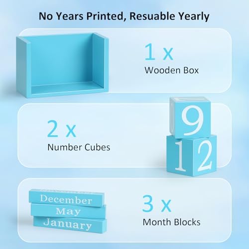 Wooden Block Calendar for Desk, Large Size Daily Desktop Perpetual Desk Calendar, Cute Date Display Desk Accessories for Home Office Decor, Teacher, Classroom, Reusable Yearly, Blue - Image 4