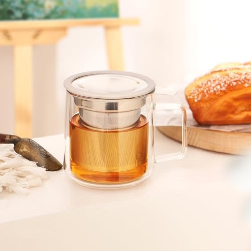 CNGLASS 12oz Double Walled Glass Tea Cup with Stainless Steel Infuser and Lid,Borosilicate Glass Tea Infuser Mug for Loose Tea,Teabag,Set of 1 - Image 3