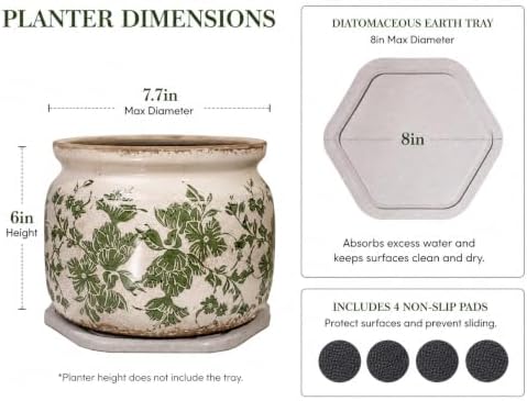 Tuscan Ceramic Planter with Decorative Tray, Plant Lover Gifts for Women - Image 3