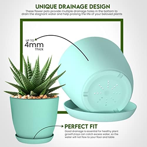Plant Pots Indoor with Drainage, 5 Pack Multi-Size Planters Set, Aqua - Image 5