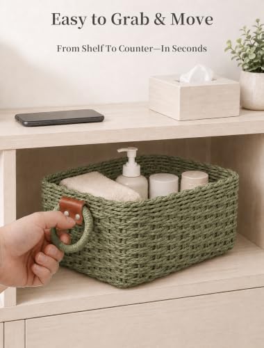 Small Wicker Baskets, 3 PCS Paper Rope Baskets for Shelves, Green - Image 5