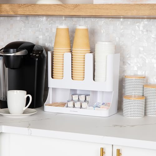 Mind Reader Cup and Condiment Station, 13 Inch Countertop Coffee Bar Organizer with 6 Compartments, Storage Caddy for Cups, Lids and Packets, Plastic, White - Image 2