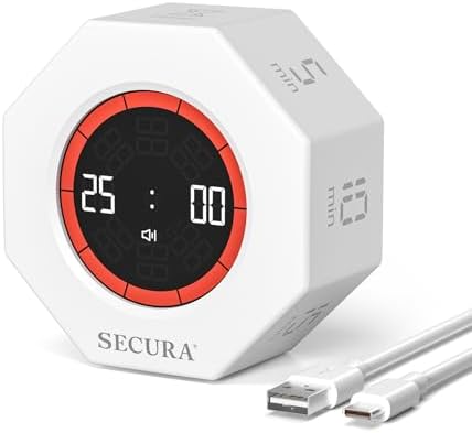 Secura Pomodoro Timer with 5/10/15/20/25/50/90 Min Presets, 3 Level Volume by Secura