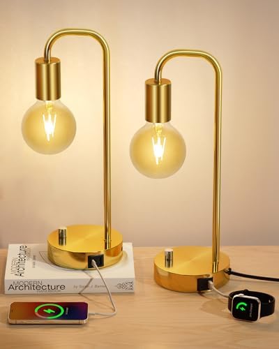 ONEWISH Industrial Table Lamp Set of 2 with USB A&C Charging Port, Stepless Dimmable Nightstand Bedside Lamps for Bedroom,Desk Lamps with 2700K Gold Gradient Bulb for Reading Living Room by onewish