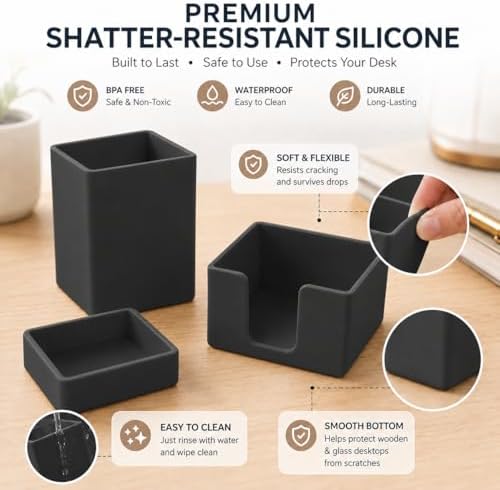 minimaliving Aesthetic Silicone Desk Organizer Set of 3,Modern Office Desk Accessories with Pen Holder,Paperclip Tray,Sticky Note Holder,Stylish Functional Office Desk Decor for Back-to-school(Black) - Image 6