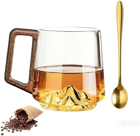 Gray Glass Slanted Coffee Cups with Wooden Handle, 15.2oz Wonder Mountain Bottom Wood Handle Cup, Hot & Cold Drinks Vintage Style Wood Handle Mug for Coffee& Tea Lovers(Clear,1pc) by Unknown