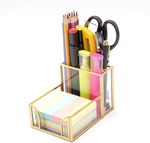 Sticky Note Holder,Glass Post It Note Dispenser with Pen Slot,Gold 3 x 3 Inch Post It Note Holder for Desk,Stylish Sticky Note Dispenser for Home Office Desk by Shonmogar