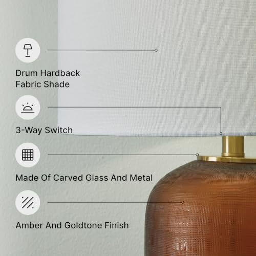 Signature Design by Ashley Farberman Amber Glass Table Lamp, 27-Inch with 3-Way Switch, Carved Glass and Metal with Drum Hardback Fabric Shade for Living Room or Bedroom, Orange & Metallic - Image 4