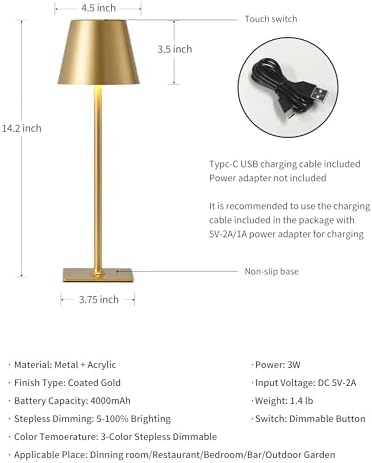 KDG Gold Cordless Table Lamps Set of 2, 4000mAh Rechargeable LED Desk Lamp - Image 5