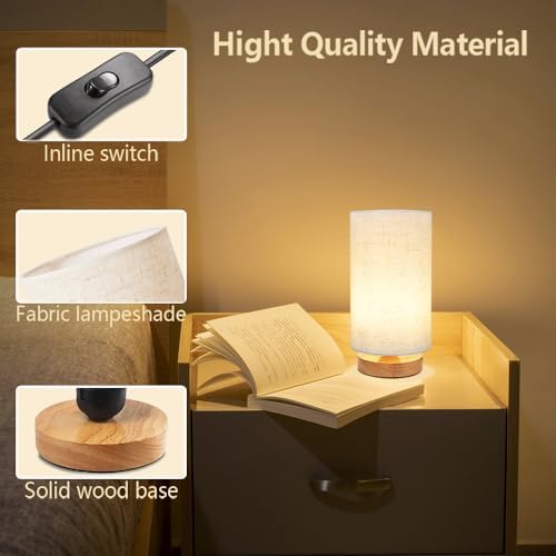 Small Bedside Table Lamp for Bedroom set of 2,Minimalist Wood Base & Round Fabric Shade,Mini Cute Cozy Warm Nightstand Boho Lamp set, Study Desk Night Stand Light for Room, Dorm,Nursery,Living Room - Image 6