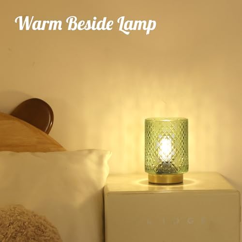 LUSHARBOR Battery Operated Lamp with Timer, Small Table Lamp for Shelf Decor, Glass Cordless Lamps Bedside Cozy Light for Living Room/Coffee Table/Entryway Diamond Design-Green - Image 4